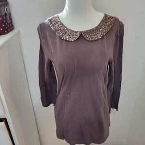 LOFT Brown Sequin Peter Pan Collar Long Sleeve Blouse workwear Party | Sz M